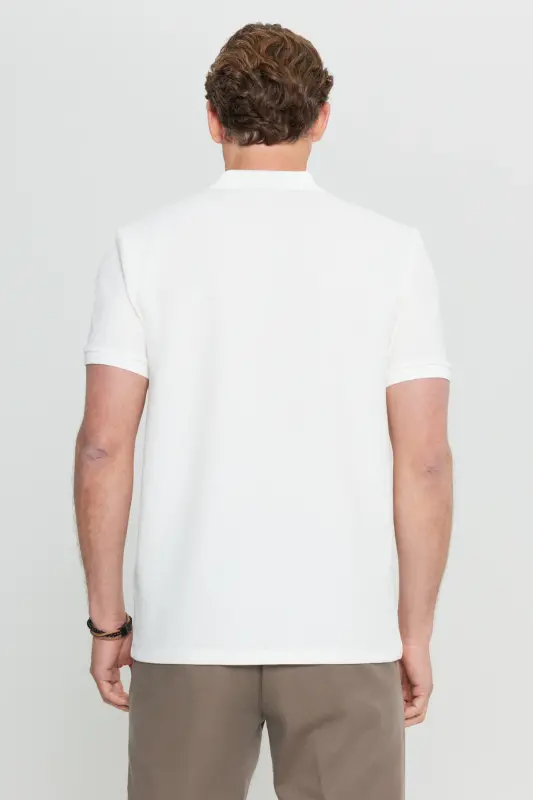 Slim Fit Jacquard Stretch Ecru Polo Shirt - Ecru - 5