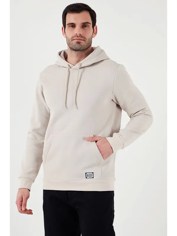 Slim Fit Kangaroo Pocket Hoodie with Soft Fluffy Fleece Lined Men's Hoodie 5905281-Ecru - 5