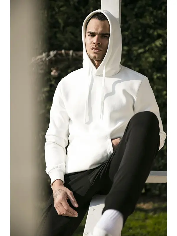 Slim Fit Kapushonli Kanguru Cho'ntakli Ichi Junli Yumshoq Shardonli Erkak Hoodie 5905281 - 1
