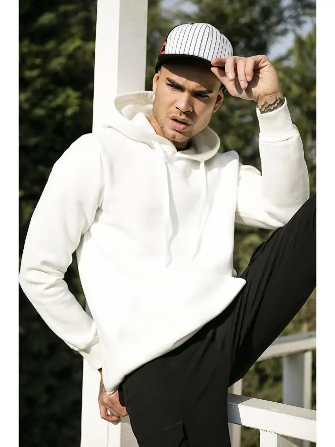 Slim Fit Kapushonli Kanguru Cho'ntakli Ichi Junli Yumshoq Shardonli Erkak Hoodie 5905281 - 2