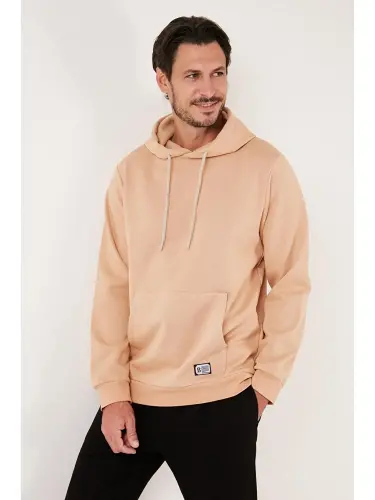 Slim Fit Kapüşonli Kanguru Cho'ntakli Ichki Tukli Yumshoq Shardonli Erkak Hoodie 5905281-Bej 