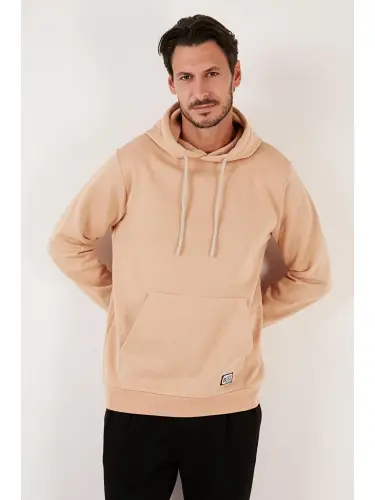 Slim Fit Kapüşonli Kanguru Cho'ntakli Ichki Tukli Yumshoq Shardonli Erkak Hoodie 5905281-Bej - 3