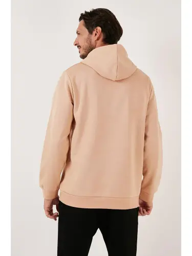 Slim Fit Kapüşonli Kanguru Cho'ntakli Ichki Tukli Yumshoq Shardonli Erkak Hoodie 5905281-Bej - 5