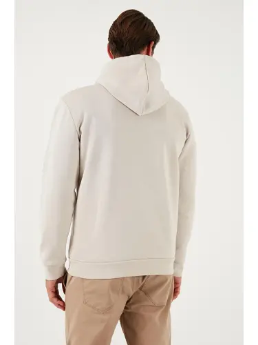 Slim Fit Kapüşonli Kanguru Cho'ntakli Ichki Tukli Yumshoq Shardonli Erkak Hoodie 5905281-Bej - 6