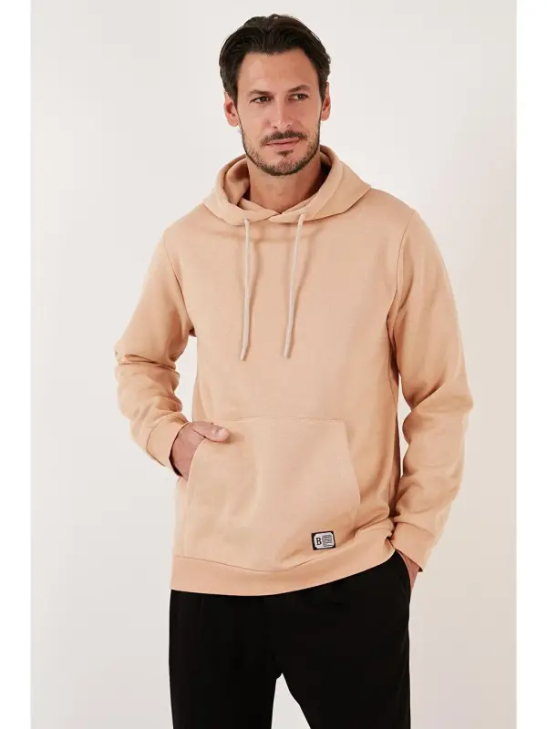 Slim Fit Kapüşonli Kanguru Cho'ntakli Ichki Tukli Yumshoq Shardonli Erkak Hoodie 5905281-Bej - 2