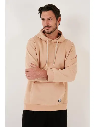 Slim Fit Kapüşonli Kanguru Cho'ntakli Ichki Tukli Yumshoq Shardonli Erkak Hoodie 5905281-Bej - 4