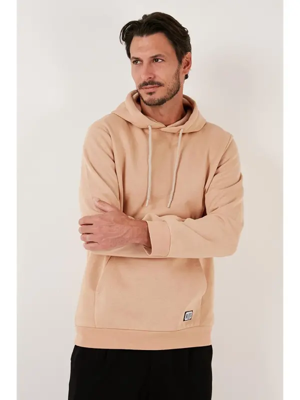 Slim Fit Kapüşonli Kanguru Cho'ntakli Ichki Tukli Yumshoq Shardonli Erkak Hoodie 5905281-Bej - 4
