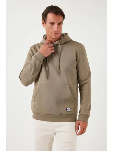 Slim Fit Kapüşonli Kanguru Cho'ntakli Ichki Tukli Yumshoq Shardonli Erkak Hoodie 5905281-Bej - 4