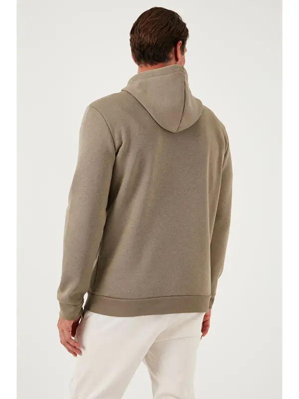 Slim Fit Kapüşonli Kanguru Cho'ntakli Ichki Tukli Yumshoq Shardonli Erkak Hoodie 5905281-Bej - 6