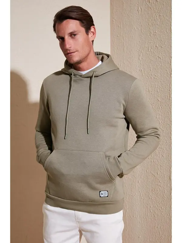 Slim Fit Kapüşonli Kanguru Cho'ntakli Ichki Tukli Yumshoq Shardonli Erkak Hoodie 5905281-Bej - 2
