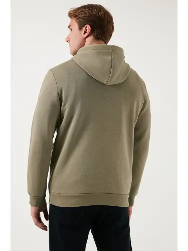 Slim Fit Kapüşonli Kanguru Cho'ntakli Ichki Tukli Yumshoq Shardonli Erkak Hoodie 5905281-Bej - 7