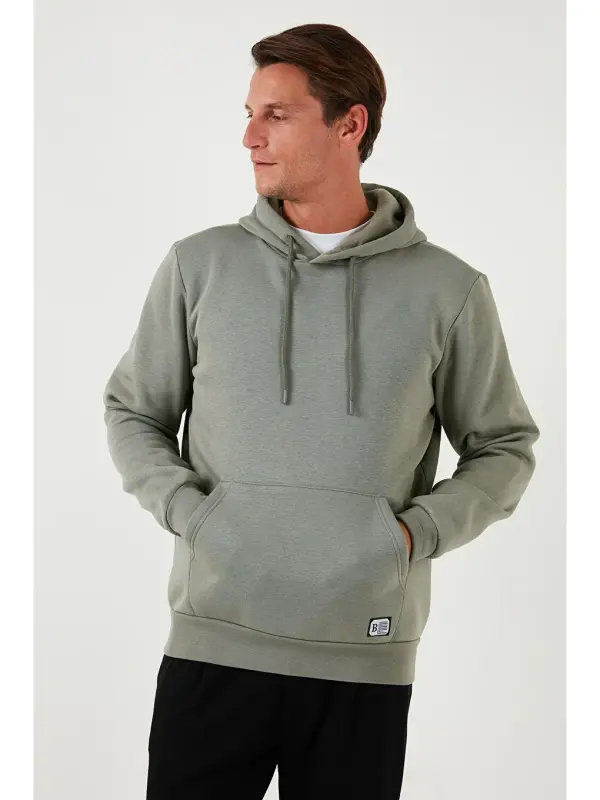Slim Fit Kapüşonli Kanguru Cho'ntakli Ichki Tukli Yumshoq Shardonli Erkak Hoodie 5905281-Haki - 7