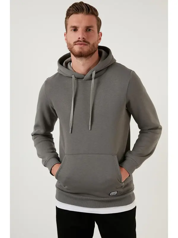Slim Fit Kapüşonli Kanguru Cho'ntakli Ichki Tukli Yumshoq Shardonli Erkak Hoodie 5905281-Haki - 2