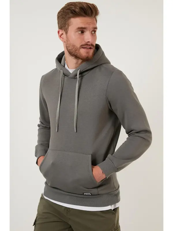 Slim Fit Kapüşonli Kanguru Cho'ntakli Ichki Tukli Yumshoq Shardonli Erkak Hoodie 5905281-Haki - 3