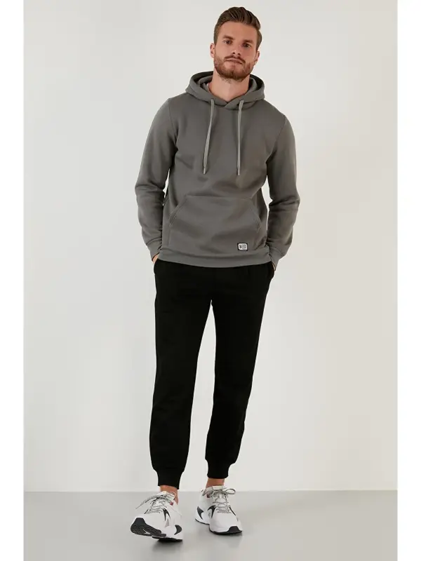 Slim Fit Kapüşonli Kanguru Cho'ntakli Ichki Tukli Yumshoq Shardonli Erkak Hoodie 5905281-Haki - 5