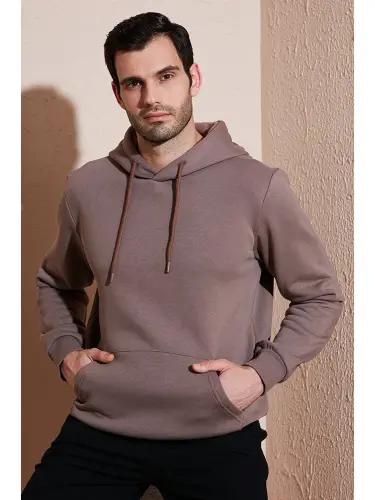 Slim Fit Kapüşonli Kanguru Cho'ntakli Ichki Tukli Yumshoq Shardonli Erkak Hoodie 5905281-Jigarrang 