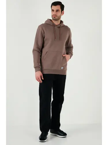 Slim Fit Kapüşonli Kanguru Cho'ntakli Ichki Tukli Yumshoq Shardonli Erkak Hoodie 5905281-Jigarrang - 2
