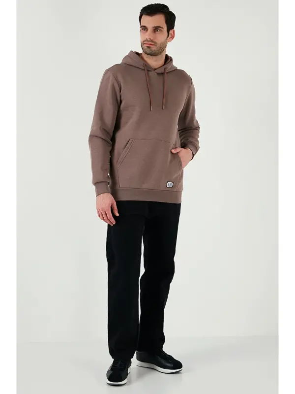 Slim Fit Kapüşonli Kanguru Cho'ntakli Ichki Tukli Yumshoq Shardonli Erkak Hoodie 5905281-Jigarrang - 2