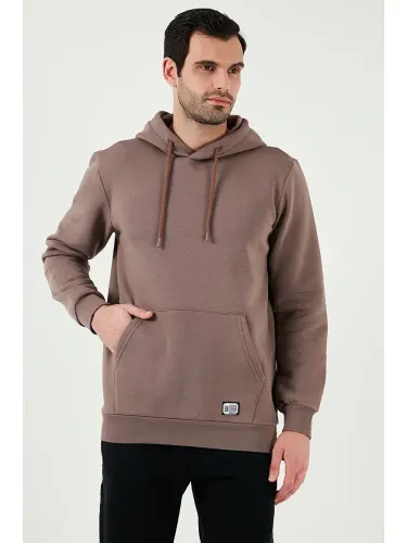 Slim Fit Kapüşonli Kanguru Cho'ntakli Ichki Tukli Yumshoq Shardonli Erkak Hoodie 5905281-Jigarrang - 3