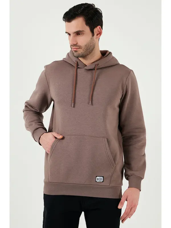 Slim Fit Kapüşonli Kanguru Cho'ntakli Ichki Tukli Yumshoq Shardonli Erkak Hoodie 5905281-Jigarrang - 6