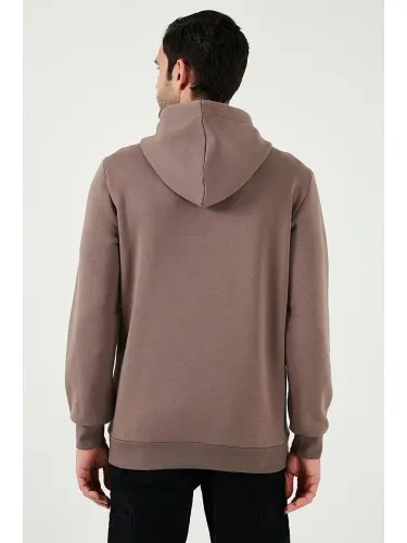 Slim Fit Kapüşonli Kanguru Cho'ntakli Ichki Tukli Yumshoq Shardonli Erkak Hoodie 5905281-Jigarrang - 7