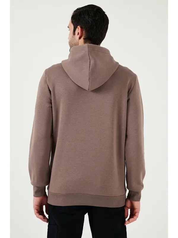 Slim Fit Kapüşonli Kanguru Cho'ntakli Ichki Tukli Yumshoq Shardonli Erkak Hoodie 5905281-Jigarrang - 7