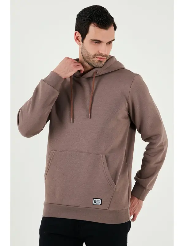 Slim Fit Kapüşonli Kanguru Cho'ntakli Ichki Tukli Yumshoq Shardonli Erkak Hoodie 5905281-Jigarrang - 4