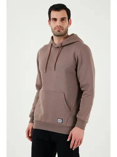 Slim Fit Kapüşonli Kanguru Cho'ntakli Ichki Tukli Yumshoq Shardonli Erkak Hoodie 5905281-Jigarrang - 5