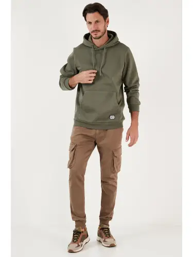 Slim Fit Kapüşonli Kanguru Cho'ntakli Ichki Tulli Yumshoq Shardonli Erkak Hoodie 5905281-Haki - 2