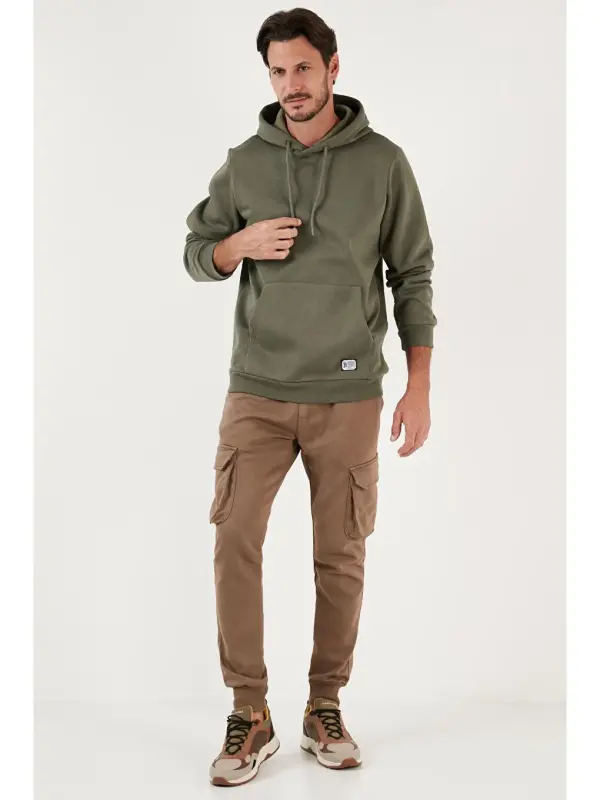 Slim Fit Kapüşonli Kanguru Cho'ntakli Ichki Tulli Yumshoq Shardonli Erkak Hoodie 5905281-Haki - 2