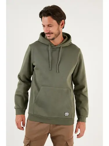 Slim Fit Kapüşonli Kanguru Cho'ntakli Ichki Tulli Yumshoq Shardonli Erkak Hoodie 5905281-Haki - 3