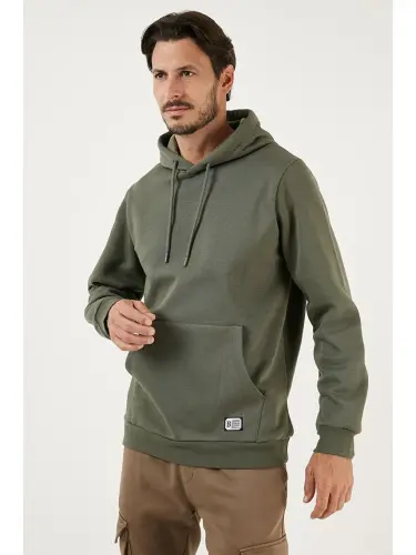 Slim Fit Kapüşonli Kanguru Cho'ntakli Ichki Tulli Yumshoq Shardonli Erkak Hoodie 5905281-Haki - 4