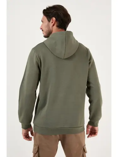 Slim Fit Kapüşonli Kanguru Cho'ntakli Ichki Tulli Yumshoq Shardonli Erkak Hoodie 5905281-Haki - 5