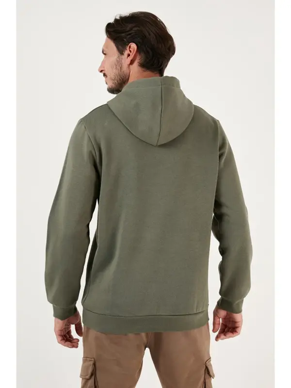 Slim Fit Kapüşonli Kanguru Cho'ntakli Ichki Tulli Yumshoq Shardonli Erkak Hoodie 5905281-Haki - 5