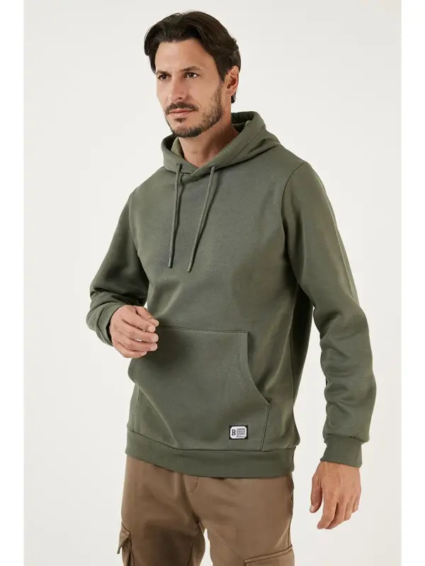 Slim Fit Kapüşonli Kanguru Cho'ntakli Ichki Tulli Yumshoq Shardonli Erkak Hoodie 5905281-Haki - 4
