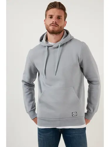 Slim Fit Kapüşonli Kanguru Cho'ntakli Ichki Tulli Yumshoq Shardonli Erkak Hoodie 5905281-Kulrang 