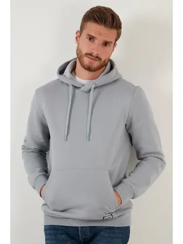 Slim Fit Kapüşonli Kanguru Cho'ntakli Ichki Tulli Yumshoq Shardonli Erkak Hoodie 5905281-Kulrang - 2