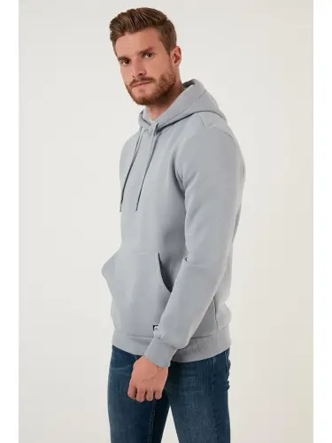 Slim Fit Kapüşonli Kanguru Cho'ntakli Ichki Tulli Yumshoq Shardonli Erkak Hoodie 5905281-Kulrang - 3
