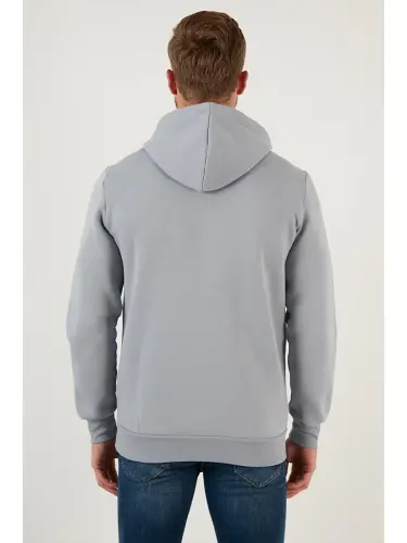 Slim Fit Kapüşonli Kanguru Cho'ntakli Ichki Tulli Yumshoq Shardonli Erkak Hoodie 5905281-Kulrang - 6