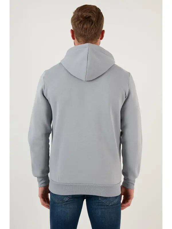 Slim Fit Kapüşonli Kanguru Cho'ntakli Ichki Tulli Yumshoq Shardonli Erkak Hoodie 5905281-Kulrang - 6