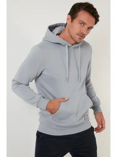 Slim Fit Kapüşonli Kanguru Cho'ntakli Ichki Tulli Yumshoq Shardonli Erkak Hoodie 5905281-Kulrang - 7