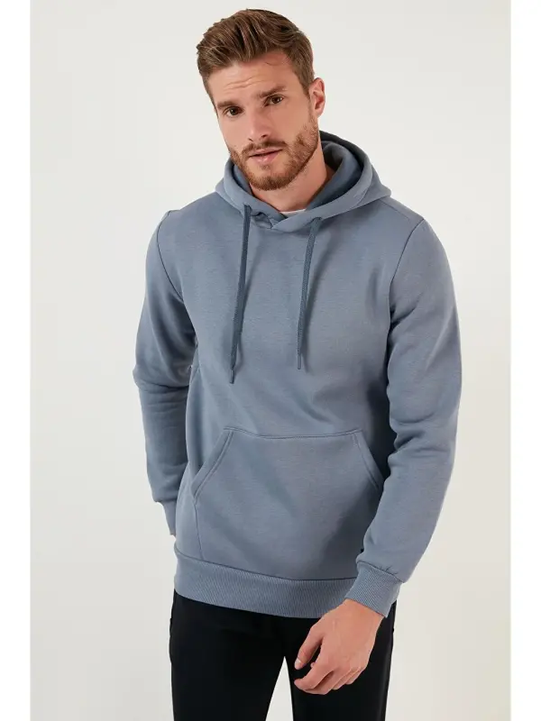 Slim Fit Kapüşonli Kanguru Cho'ntakli Ichki Tulli Yumshoq Shardonli Erkak Hoodie 5905281-Kulrang - 2
