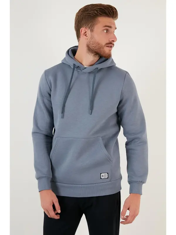 Slim Fit Kapüşonli Kanguru Cho'ntakli Ichki Tulli Yumshoq Shardonli Erkak Hoodie 5905281-Kulrang - 3