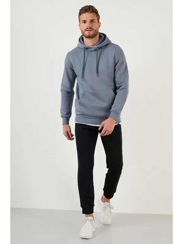 Slim Fit Kapüşonli Kanguru Cho'ntakli Ichki Tulli Yumshoq Shardonli Erkak Hoodie 5905281-Kulrang - 4