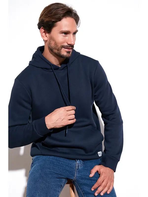 Slim Fit Kapüşonli Kanguru Cho'ntakli Ichki Tulli Yumshoq Shardonli Erkak Hoodie 5905281-Lochivert - 2