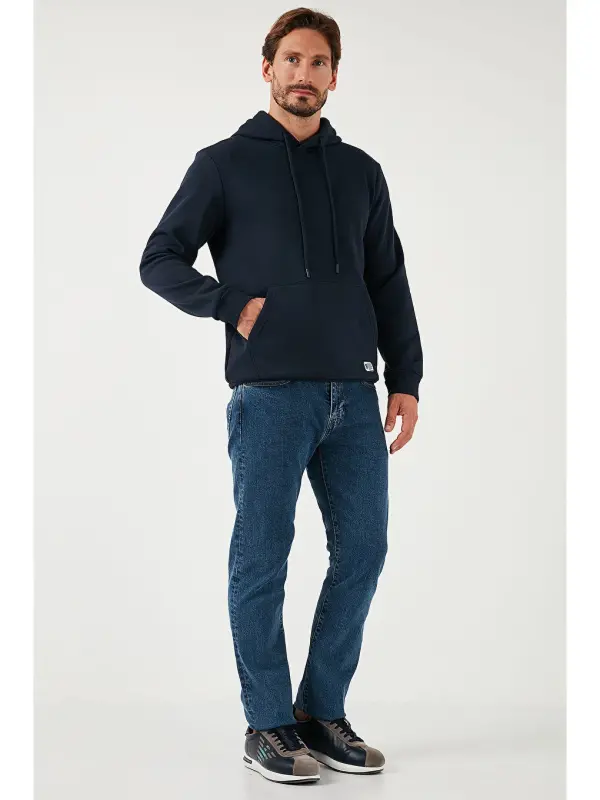 Slim Fit Kapüşonli Kanguru Cho'ntakli Ichki Tulli Yumshoq Shardonli Erkak Hoodie 5905281-Lochivert - 3