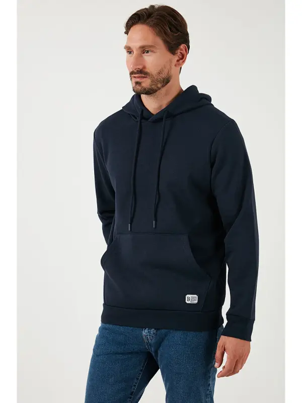Slim Fit Kapüşonli Kanguru Cho'ntakli Ichki Tulli Yumshoq Shardonli Erkak Hoodie 5905281-Lochivert - 5