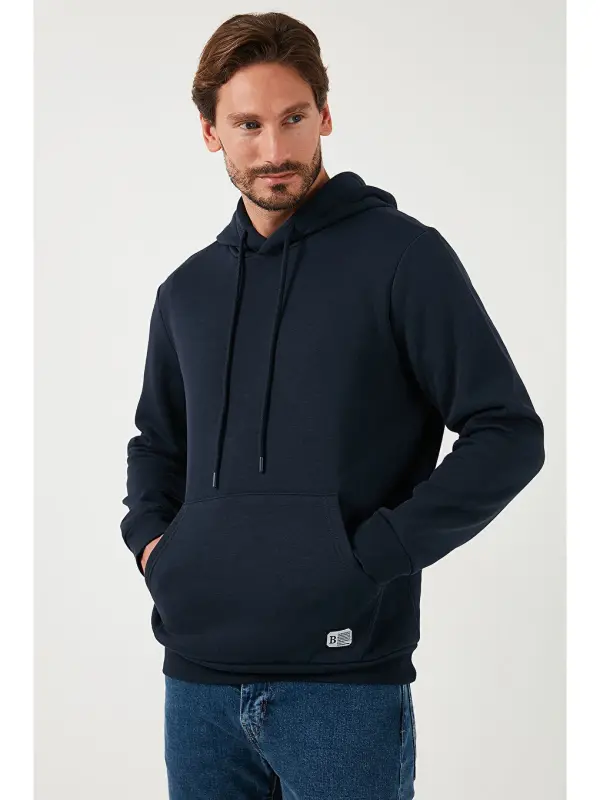Slim Fit Kapüşonli Kanguru Cho'ntakli Ichki Tulli Yumshoq Shardonli Erkak Hoodie 5905281-Lochivert - 6