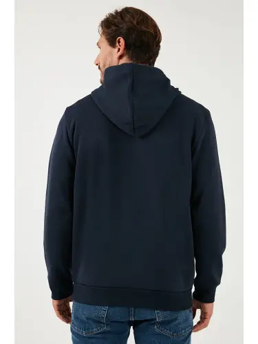 Slim Fit Kapüşonli Kanguru Cho'ntakli Ichki Tulli Yumshoq Shardonli Erkak Hoodie 5905281-Lochivert - 7