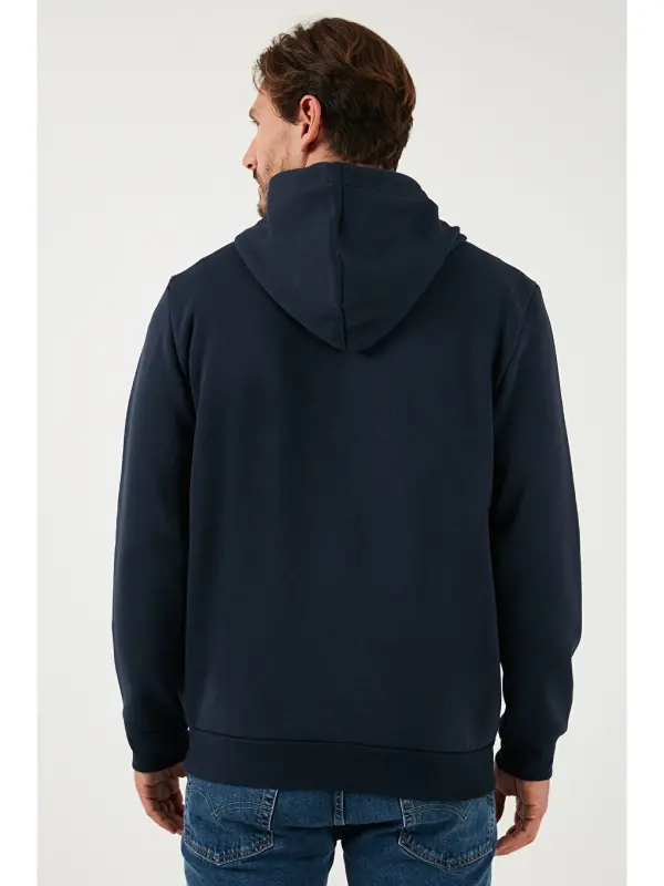 Slim Fit Kapüşonli Kanguru Cho'ntakli Ichki Tulli Yumshoq Shardonli Erkak Hoodie 5905281-Lochivert - 7